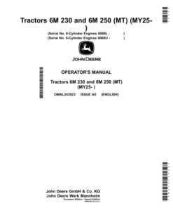 John Deere Tractors 6M 230, 6M 250 (MT) (MY25- )6-Cylinder Engines 6068L, 6-Cylinder Engines 6068U Operator's Manual (OMAL243923)