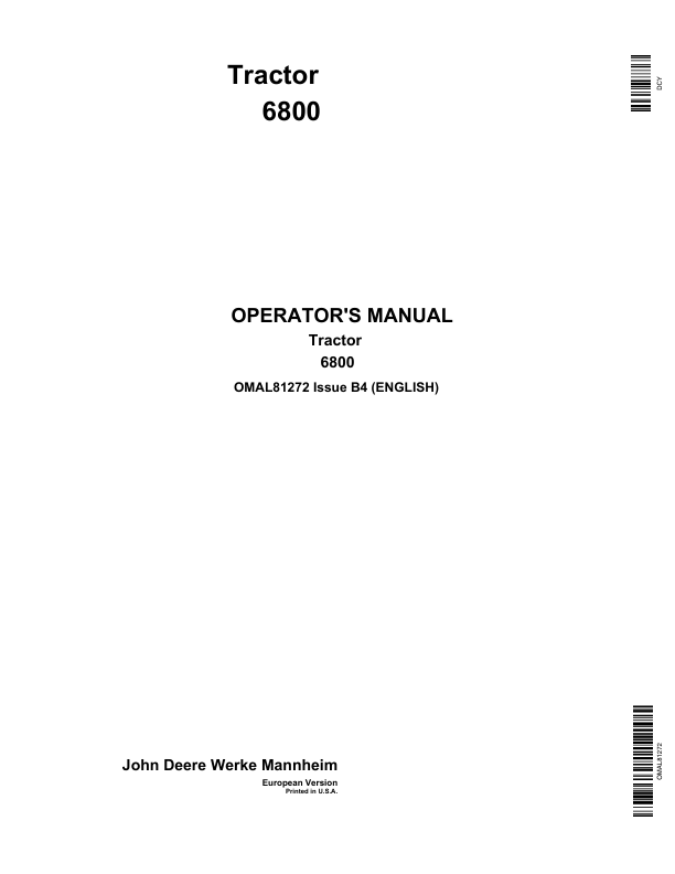 John Deere 6800 Tractor Operator's Manual (OMAL81272)