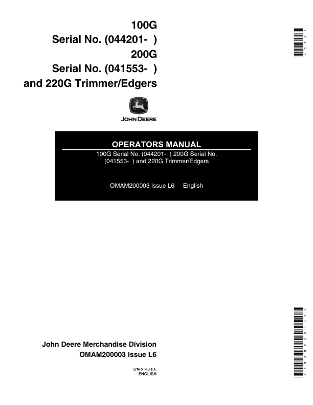 John Deere 100G, 200G & 220G Trimmer/Edgers (Gas) Operator's Manual (OMAM200003)