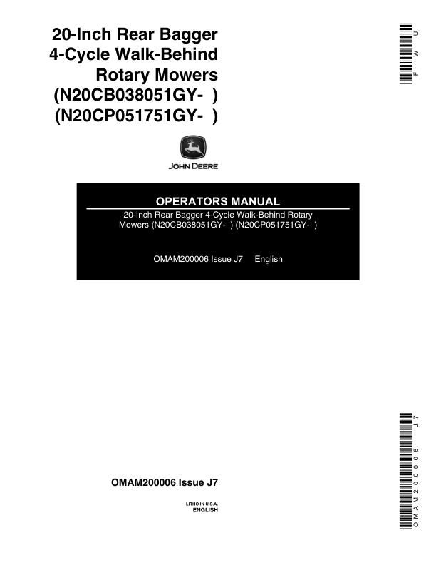 John Deere 20 Inch Walk-Behind Rotary Mowers Operator's Manual (OMAM200006)