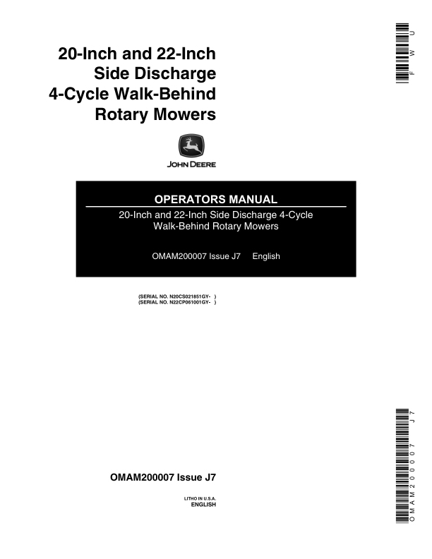 John Deere 20, 22- Inch Side Discharge Rotary Mowers Operator's Manual (OMAM200007)