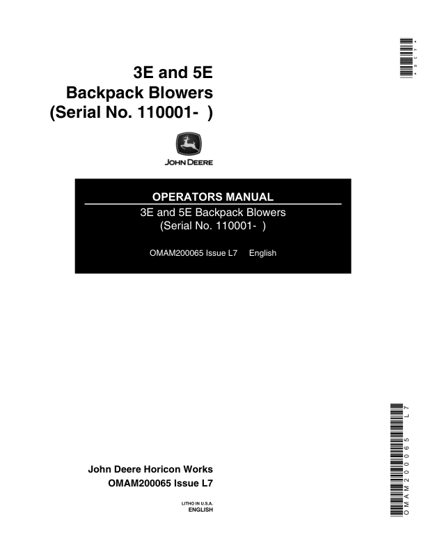 John Deere 3E, 5E Backpack Blowers Operator's Manual (OMAM200065)