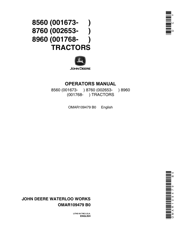 John Deere 8560 (001673-) 8750 (002653-), 8960 (001768-) Tractors Operator's Manual (OMAR109479)
