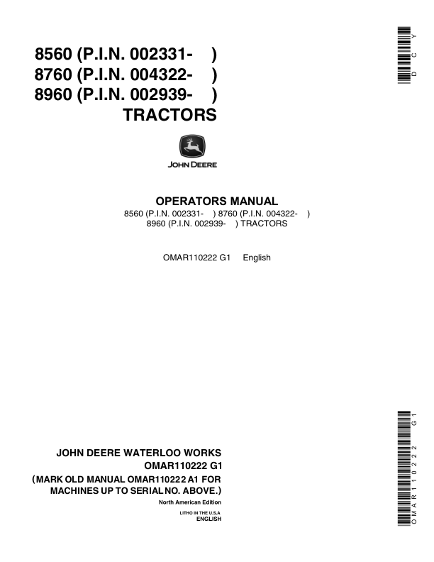 John Deere 8560 (002043-) , 8760 (003619-), 8960 (002561-) Tractors Operator's Manual (OMAR110222)