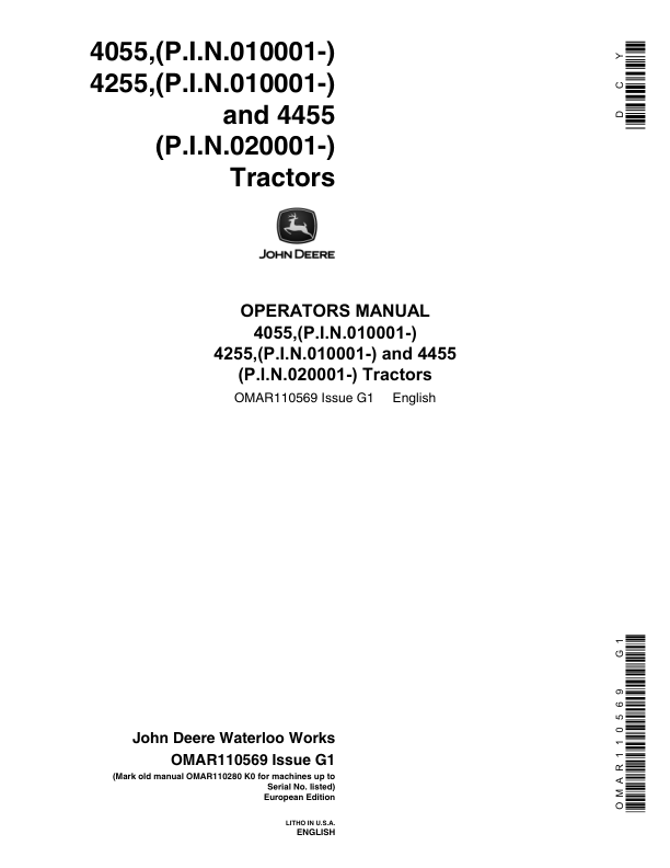 John Deere OP MAN,4055,4255,4455 Tractors(EUR) Operator's Manual (OMAR110569)