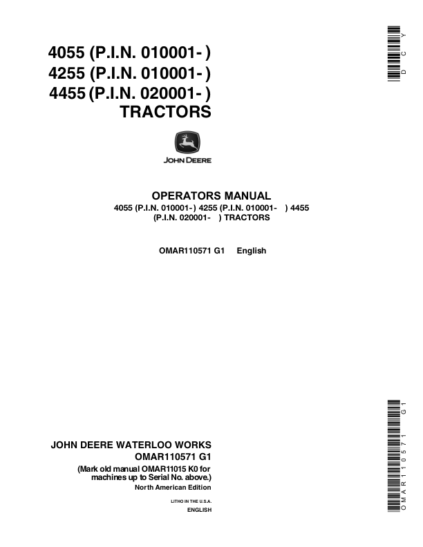 John Deere 4055 (010001-), 4255 (010001-), 4455 (020001-) Tractors Operator's Manual (OMAR110571)