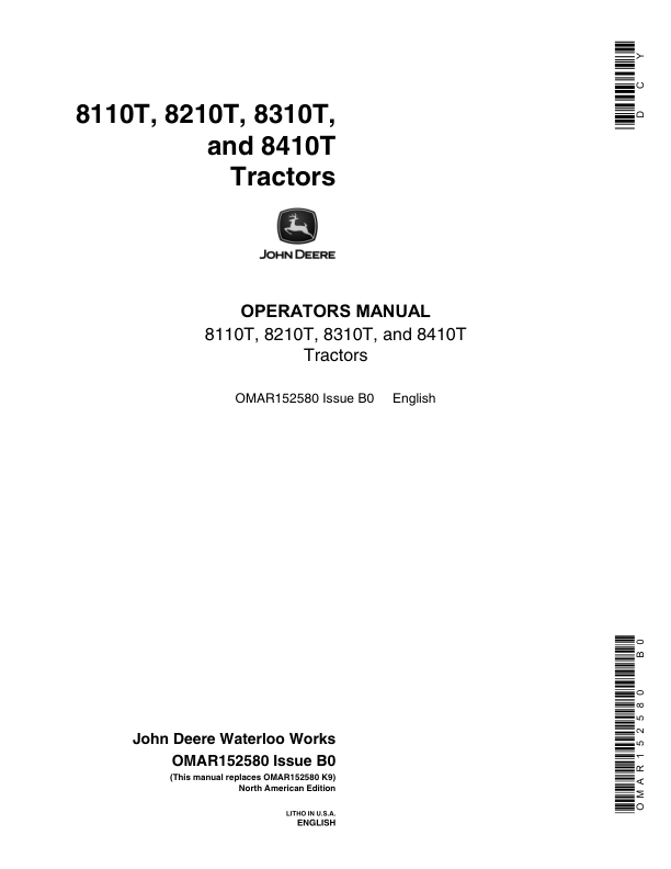 John Deere 8110T, 8210T, 8310T, 8410T Tractors Operator's Manual (OMAR152580)