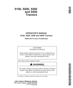 John Deere 9100, 9200, 9300, 9400 Tractors (-030000) Operator's Manual (OMAR165770)