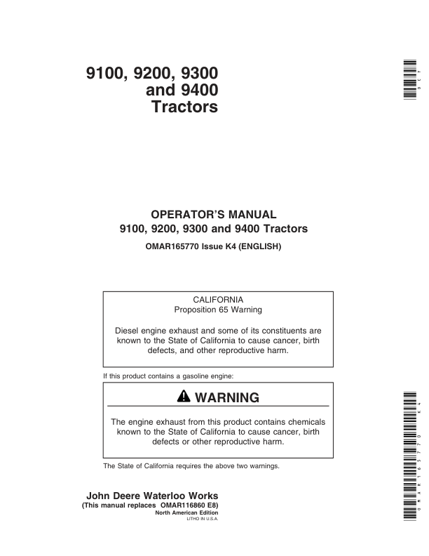 John Deere 9100, 9200, 9300, 9400 Tractors (-030000) Operator's Manual (OMAR165770)