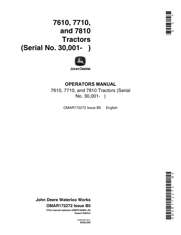 John Deere 7610, 7710, 7810 Tractors Operator's Manual (OMAR172272)