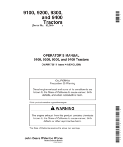 John Deere 9100, 9200, 9300, 9400 Tractors (030001-) Operator's Manual (OMAR172611)