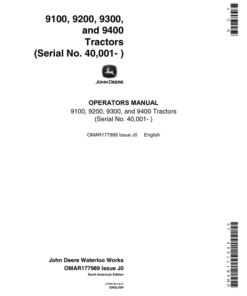John Deere 9100, 9200, 9300, 9400 Tractors (040001-) Operator's Manual (OMAR177989)