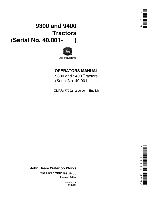 John Deere 9300, 9400 Tractors (040001-) Operator's Manual (OMAR177992)