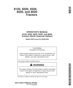 John Deere 8120, 8220, 8320, 8420 & 8520 Tractors (North American) Operator's Manual (OMAR178070)