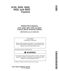 John Deere 9120, 9220, 9320, 9420, 9520, 9620 Tractors (- 010000) Operator's Manual (OMAR183678)