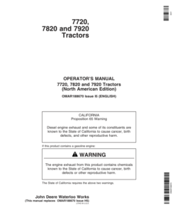 John Deere 7720, 7820, 7920 Tractors Operator's Manual (OMAR188670)