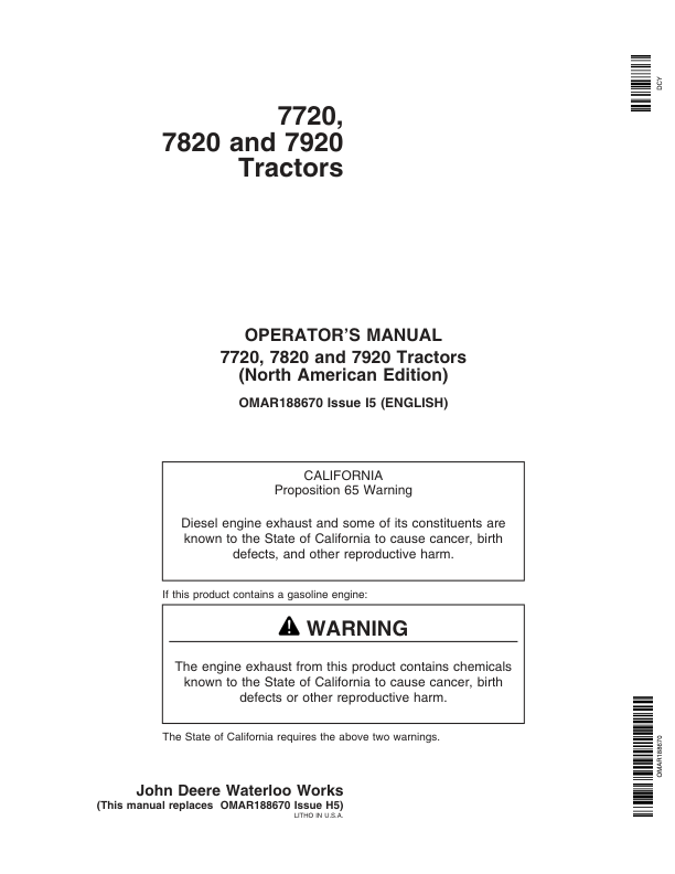 John Deere 7720, 7820, 7920 Tractors Operator's Manual (OMAR188670)