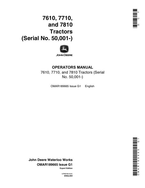 John Deere 7610, 7710, 7810 Tractors Operator's Manual (OMAR189665)
