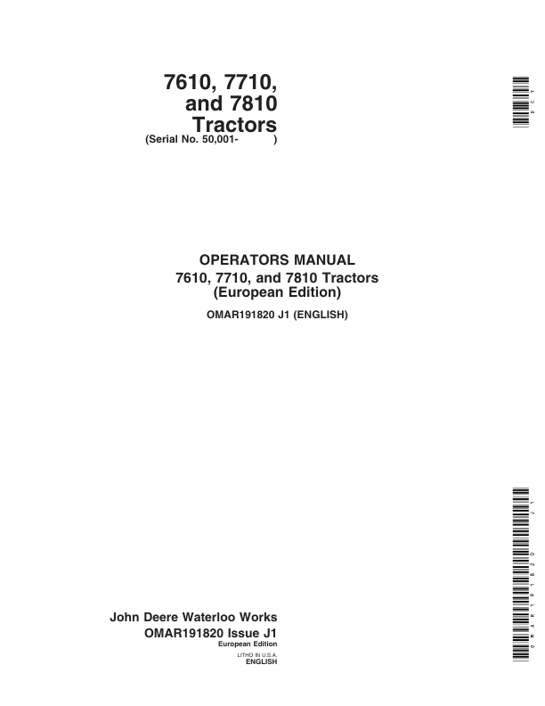 John Deere 7610, 7710, 7810 Tractor (Includes OM Supplement AR209459) Operator's Manual (OMAR191820)