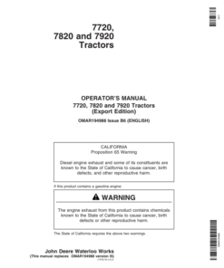 John Deere 7720, 7820, 7920 Tractors Operator's Manual (OMAR194988)
