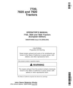 John Deere 7720, 7820, 7920 Tractors Operator's Manual (OMAR194993)