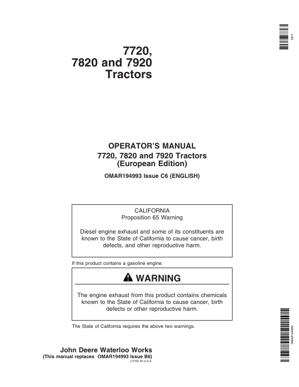 John Deere 7720, 7820, 7920 Tractors Operator's Manual (OMAR194993)