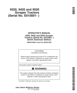 John Deere 9320, 9420, 9520 Scraper Tractors Operator's Manuals (OMAR198047K4)
