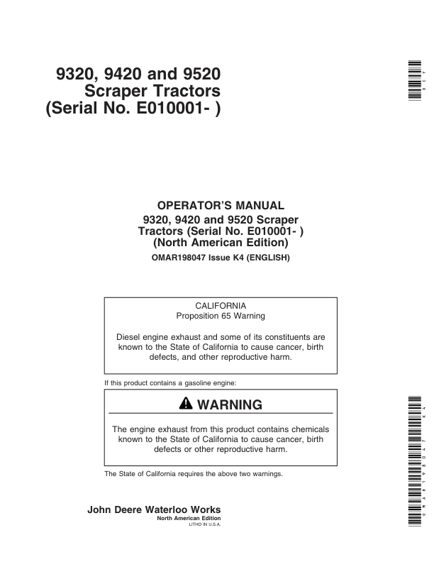 John Deere 9320, 9420, 9520 Scraper Tractors Operator's Manuals (OMAR198047K4)