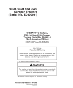 John Deere 9320, 9420, 9520 Scraper Tractors Operator's Manuals (OMAR198047)