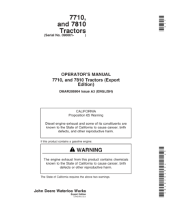 John Deere 7710, 7810 Tractors (Includes OM Supplement AR224314) Operator's Manual (OMAR206904)