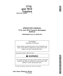John Deere 7710, 7810 Tractors (Includes OM Supplement AR224314) Operator's Manual (OMAR206906)