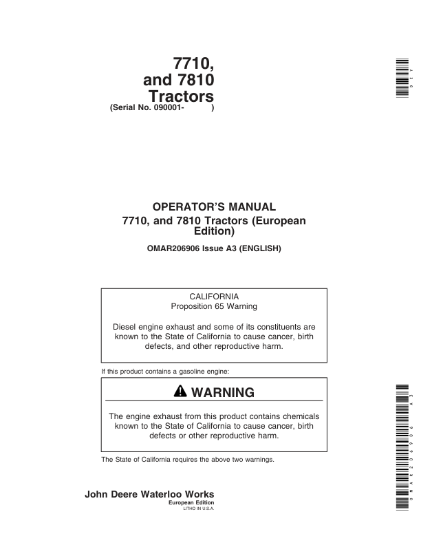 John Deere 7710, 7810 Tractors (Includes OM Supplement AR224314) Operator's Manual (OMAR206906)