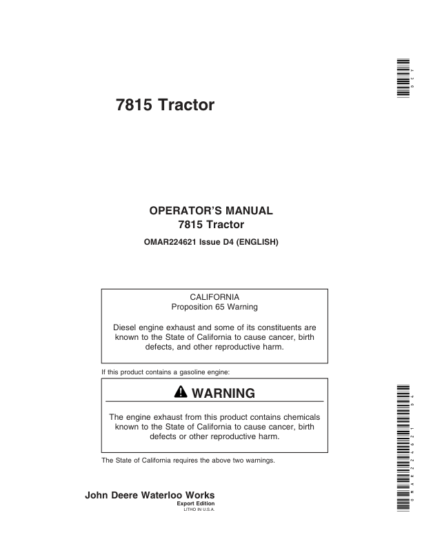 John Deere 7815 Tractor Operator's Manual (OMAR224621)
