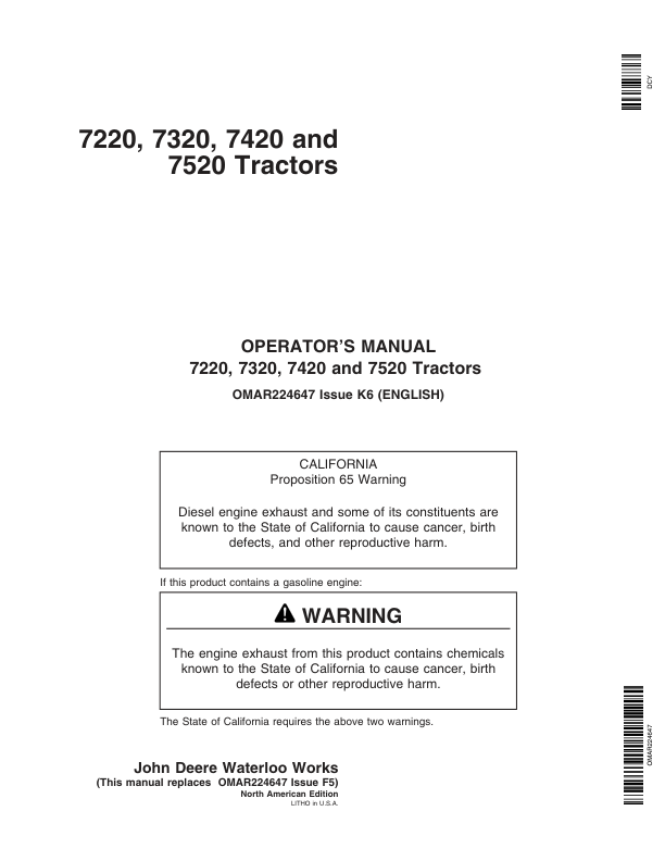 John Deere 7220, 7320, 7420, 7520 Tractors Operator's Manual (OMAR224647)