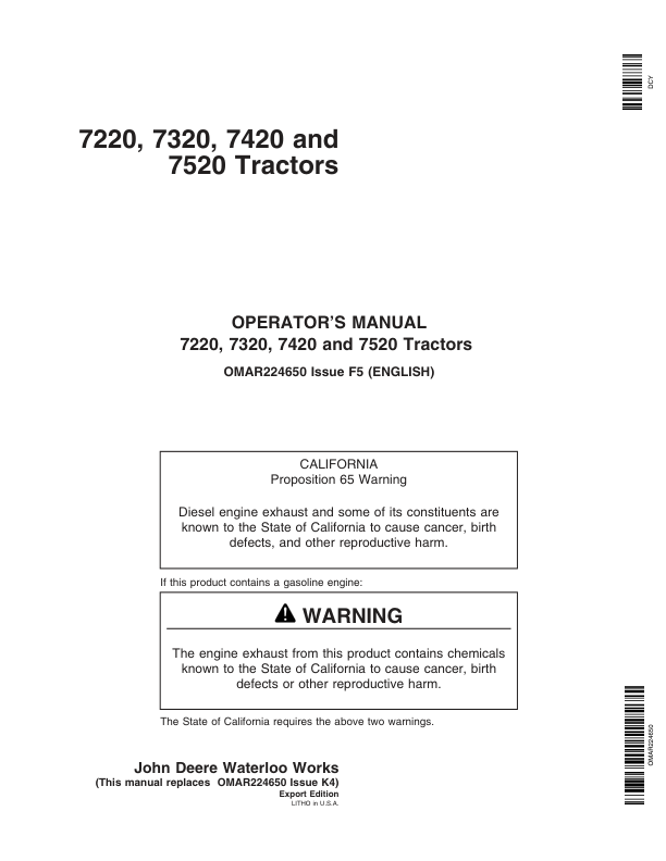 John Deere 7220, 7320, 7420, 7520 Tractors Operator's Manual (OMAR224650)