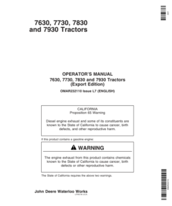 John Deere 7630, 7730, 7830 & 7930 Tractors Export Edition (000001-019999) Operator's Manual (OMAR232110)