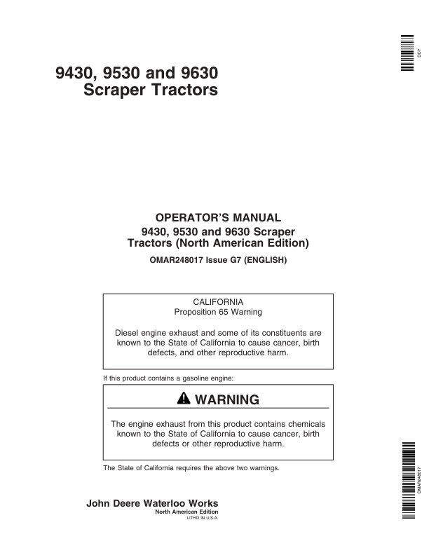 John Deere 9430, 9530, 9630 Scrapers Operator's Manuals (OMAR248017)