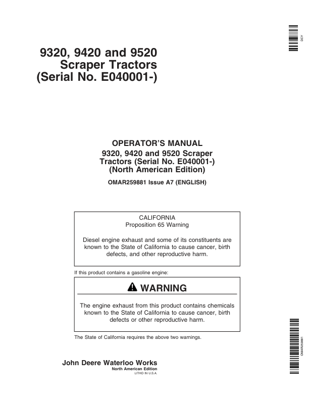 John Deere 9320, 9420, 9520 Scraper Tractors (E040001-) Operator's Manual (OMAR259881)