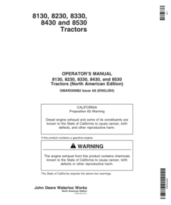 John Deere 8130, 8230, 8330, 8430, 8530 Row Crop Tractors Operator's Manual (OMAR259982)