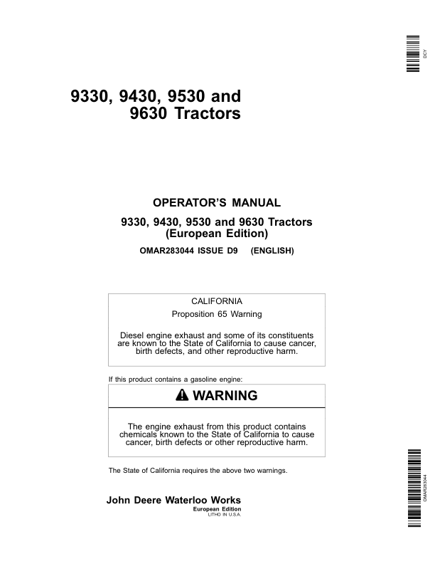 John Deere 9330, 9430, 9530, 9630 Tractors Operator's Manual (OMAR283044)