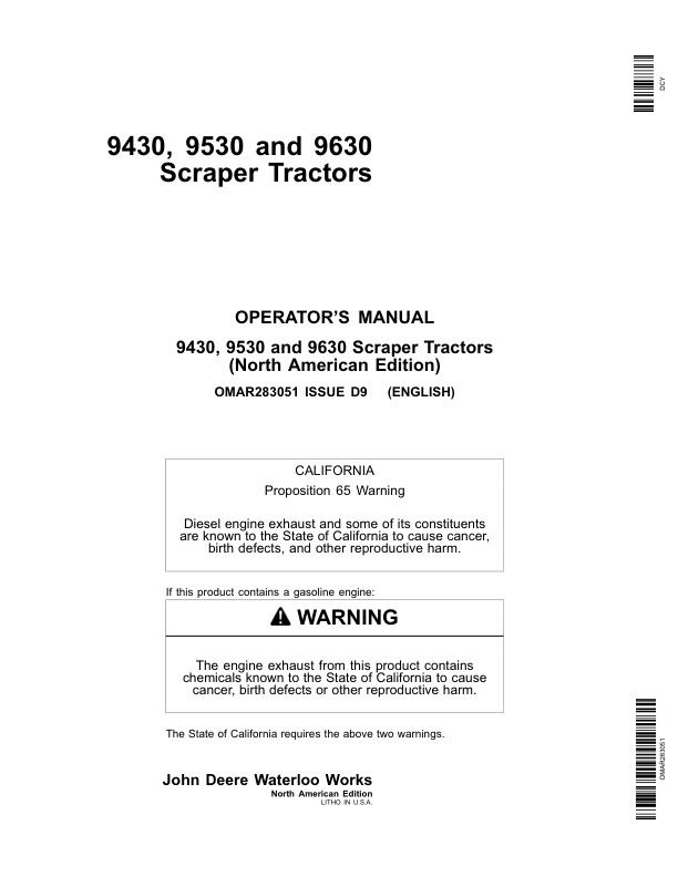 John Deere 9430, 9530, 9630 Scraper Tractors Operator's Manuals (OMAR283051)