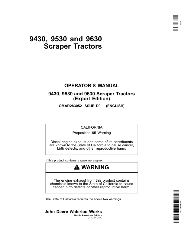 John Deere 9430, 9530, 9630 Scrapers Operator's Manuals (OMAR283052)