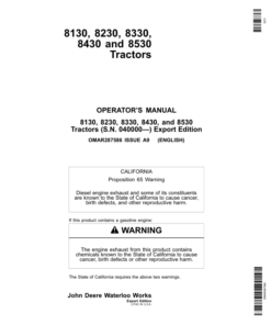 John Deere 8130, 8230, 8330, 8430, 8530 Tractors (040000-) Operator's Manual (OMAR287586)