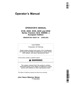 John Deere 8130, 8230, 8330, 8430, 8530 Tractors (040000-) Operator's Manual (OMAR287594)
