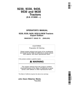 John Deere 9230, 9330, 9430, 9530, 9630 Tractors (013000-) Operator's Manual (OMAR309177)