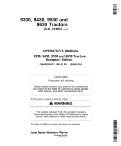 John Deere 9330, 9430, 9530, 9630 Tractors (013000-) Operator's Manual (OMAR309181)