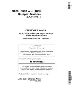 John Deere 9430, 9530, 9630 Scraper Tractors (013000-) Operator's Manual (OMAR309191)