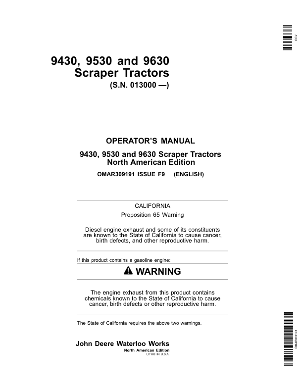 John Deere 9430, 9530, 9630 Scraper Tractors (013000-) Operator's Manual (OMAR309191)