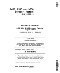 John Deere 9430, 9530, 9630 Scraper Tractors (013000-) Operator's Manual (OMAR309192)