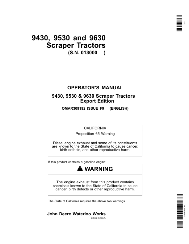John Deere 9430, 9530, 9630 Scraper Tractors (013000-) Operator's Manual (OMAR309192)